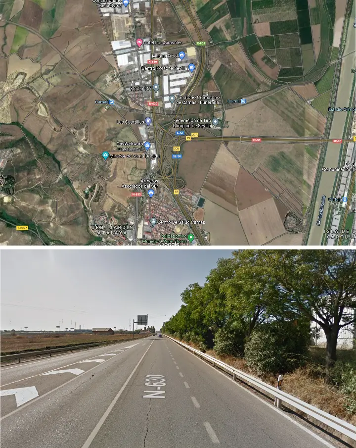 Vista aérea de la zona por donde transita la N-630 entre las localidades de Santiponce-Camas y lugar aproximado del incidente Vista aérea de la zona por donde transita la N-630 entre las localidades de Santiponce-Camas y lugar aproximado del incidente